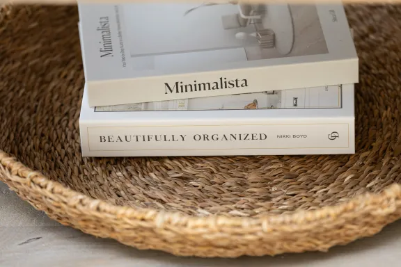 Close up of two stacked books on a coffee table centerpiece 