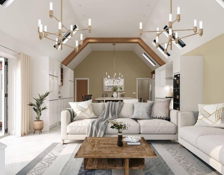 Modern living room with skylight windows and exposed beams